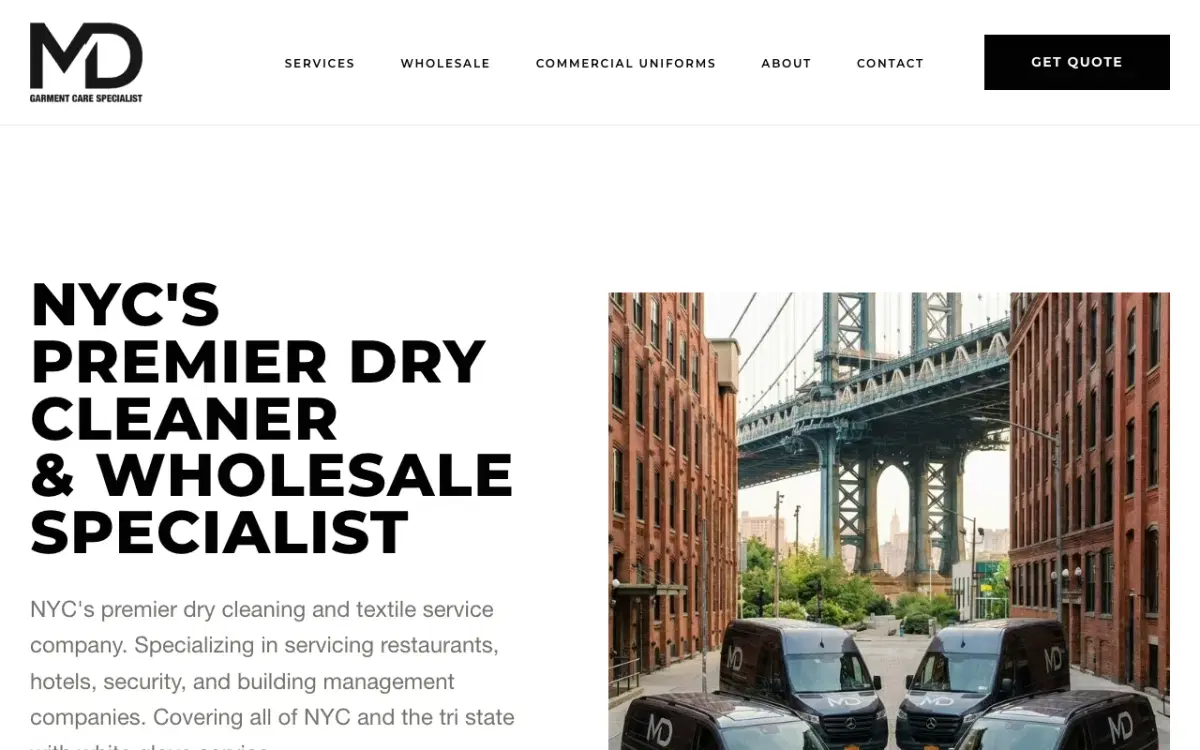 MD Cleaners New York City commercial dry cleaning website shown as a search visibility case study.