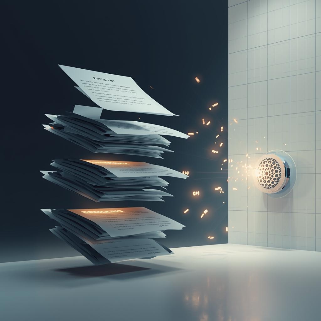 A cinematic close-up of stacked documents flowing into a clean digital interface — representing the data preparation layer that makes AI integrations actually work.