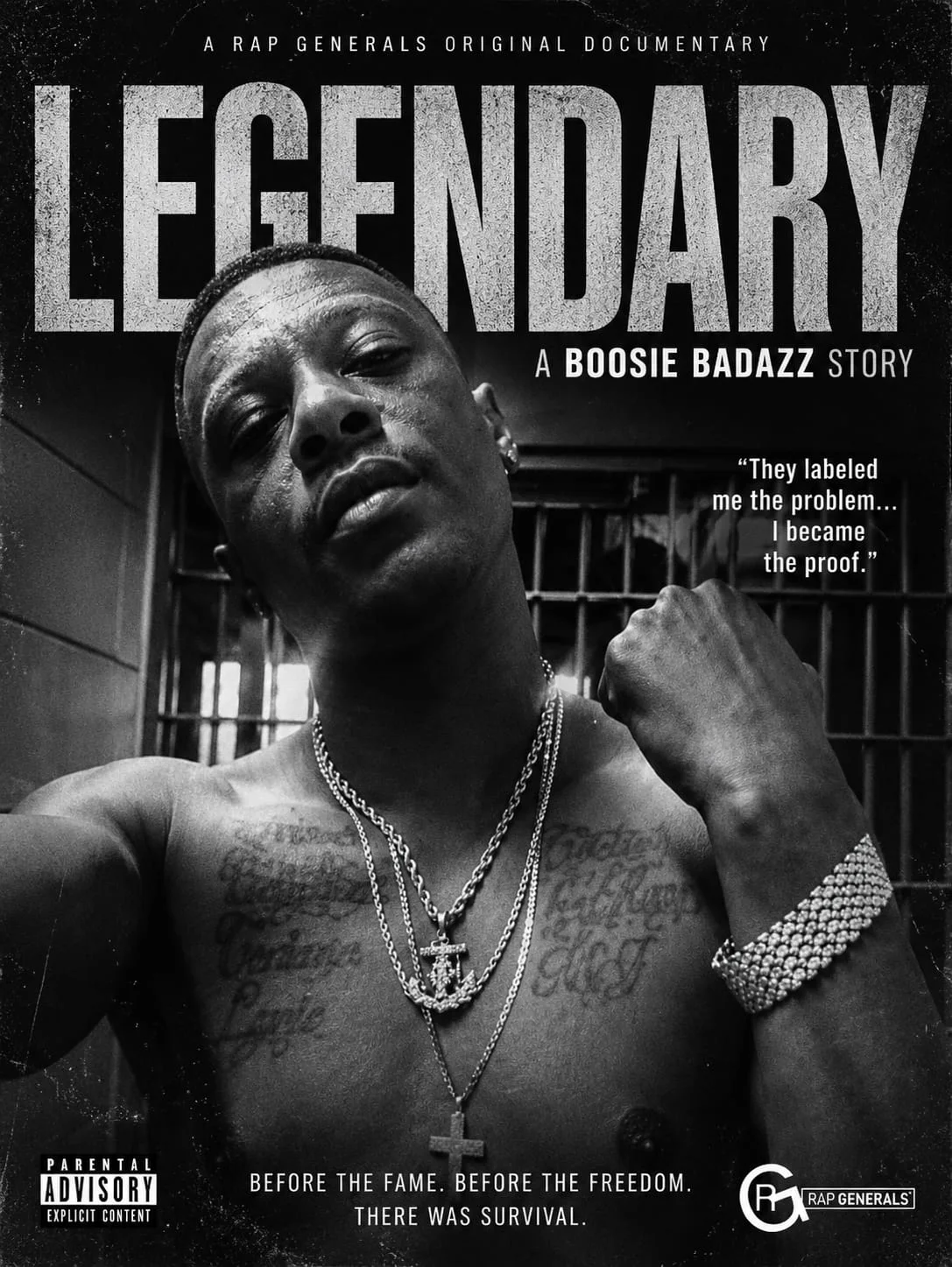 Black-and-white Legendary Documentary poster featuring Boosie Badazz in front of a barred background