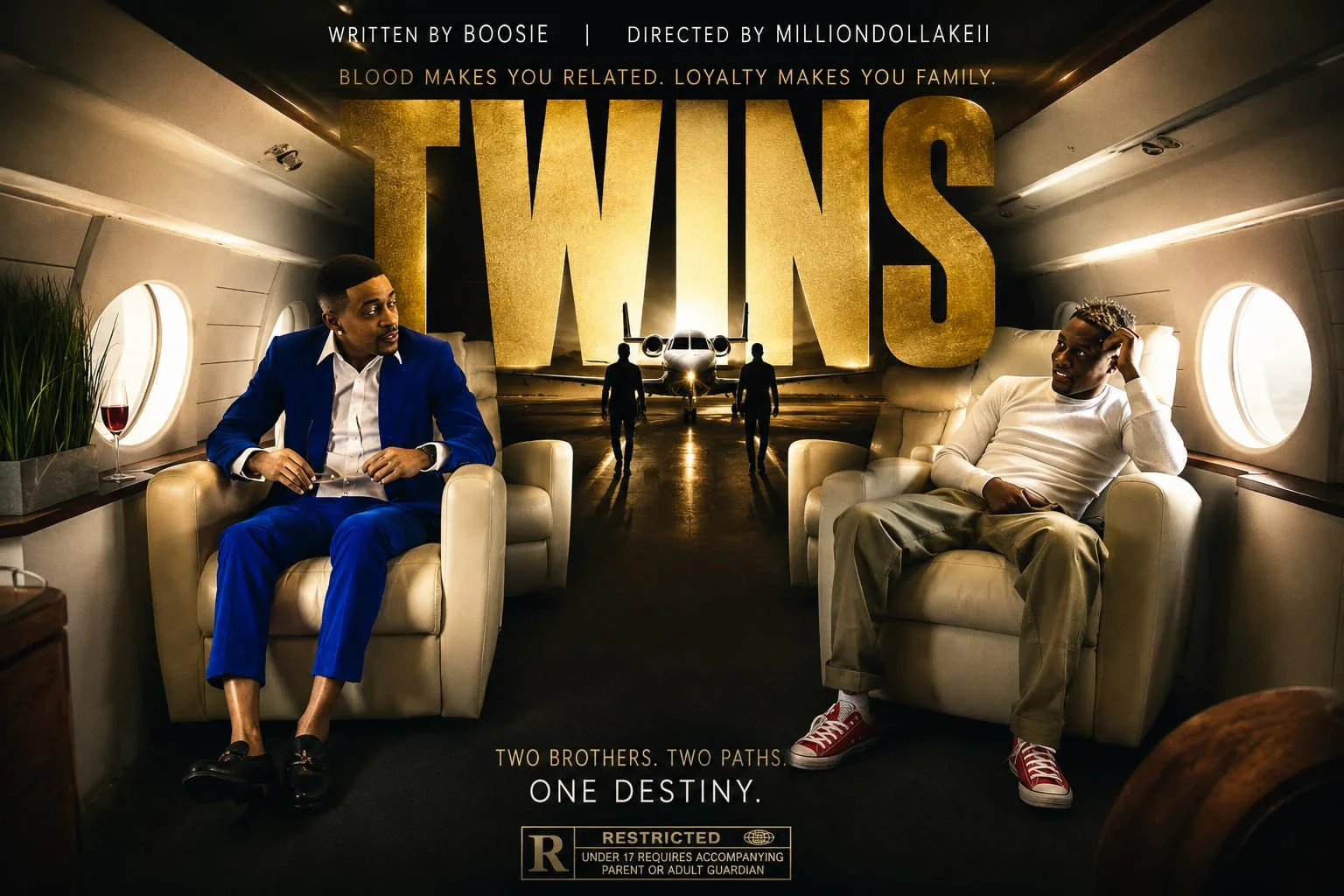Twins movie poster showing two men seated inside a private jet with a plane behind the title